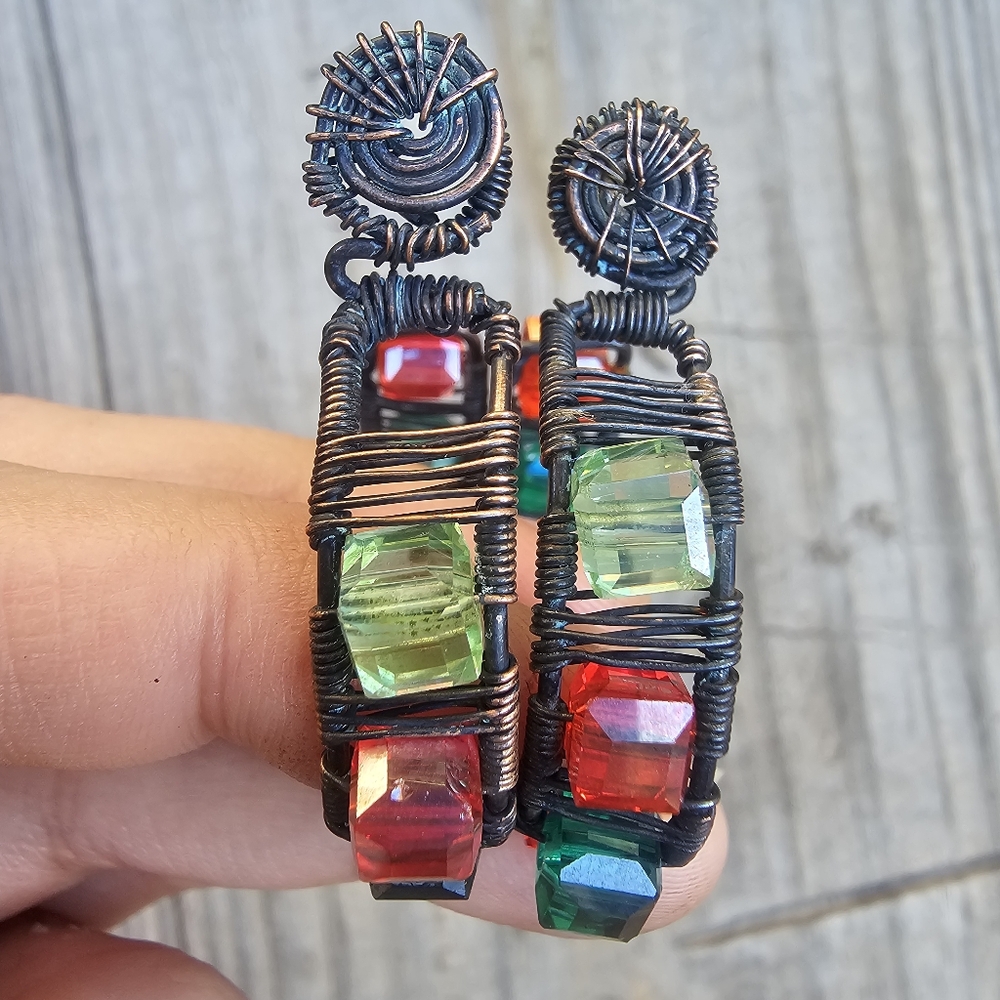 Red and Green Cube Glass Beaded Huggie Stud Earrings